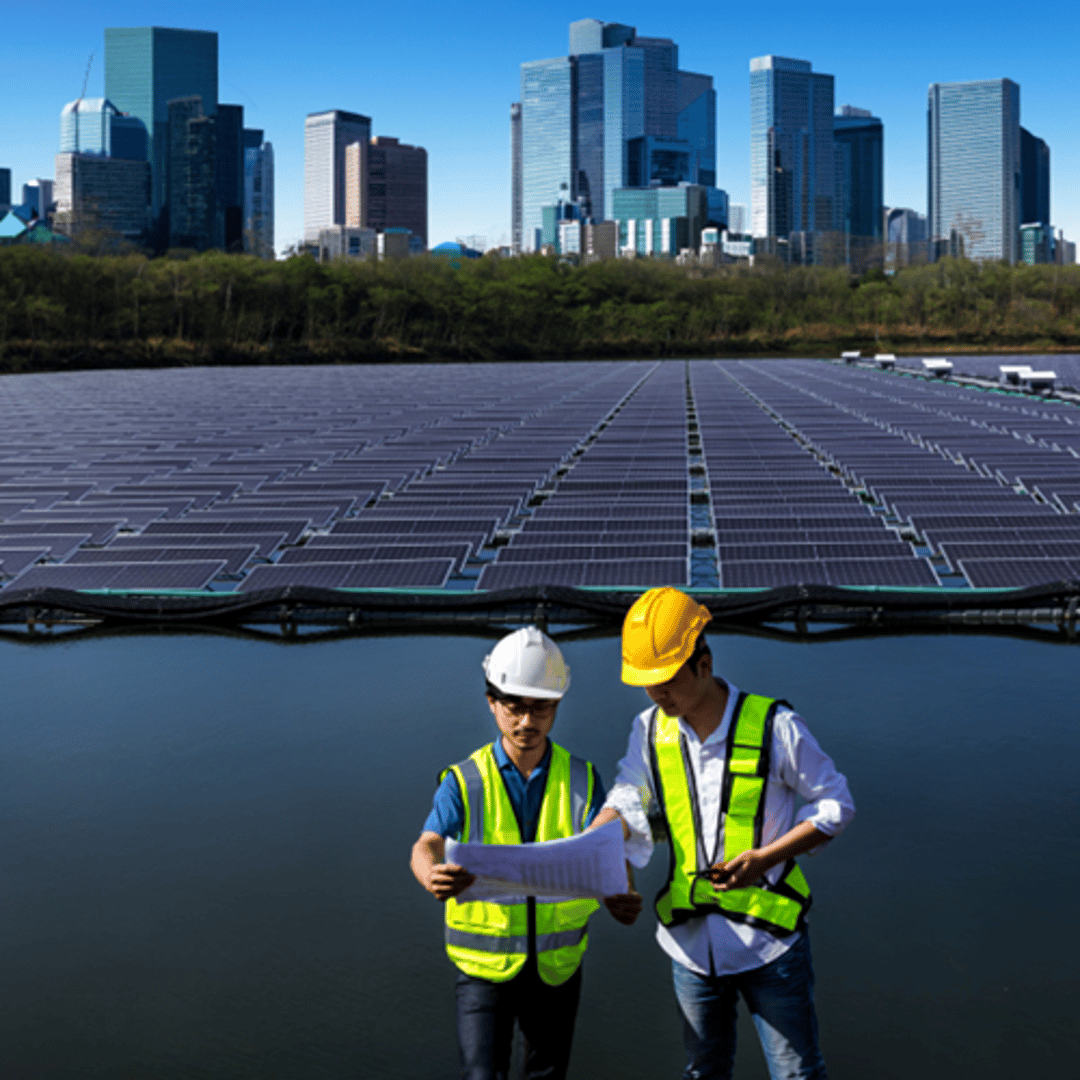 Two men wearing safety vests and helmets standing in front of floating solar panels